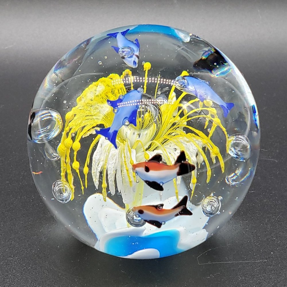 Source Unknown Blue and Yellow Glass Art Sphere
